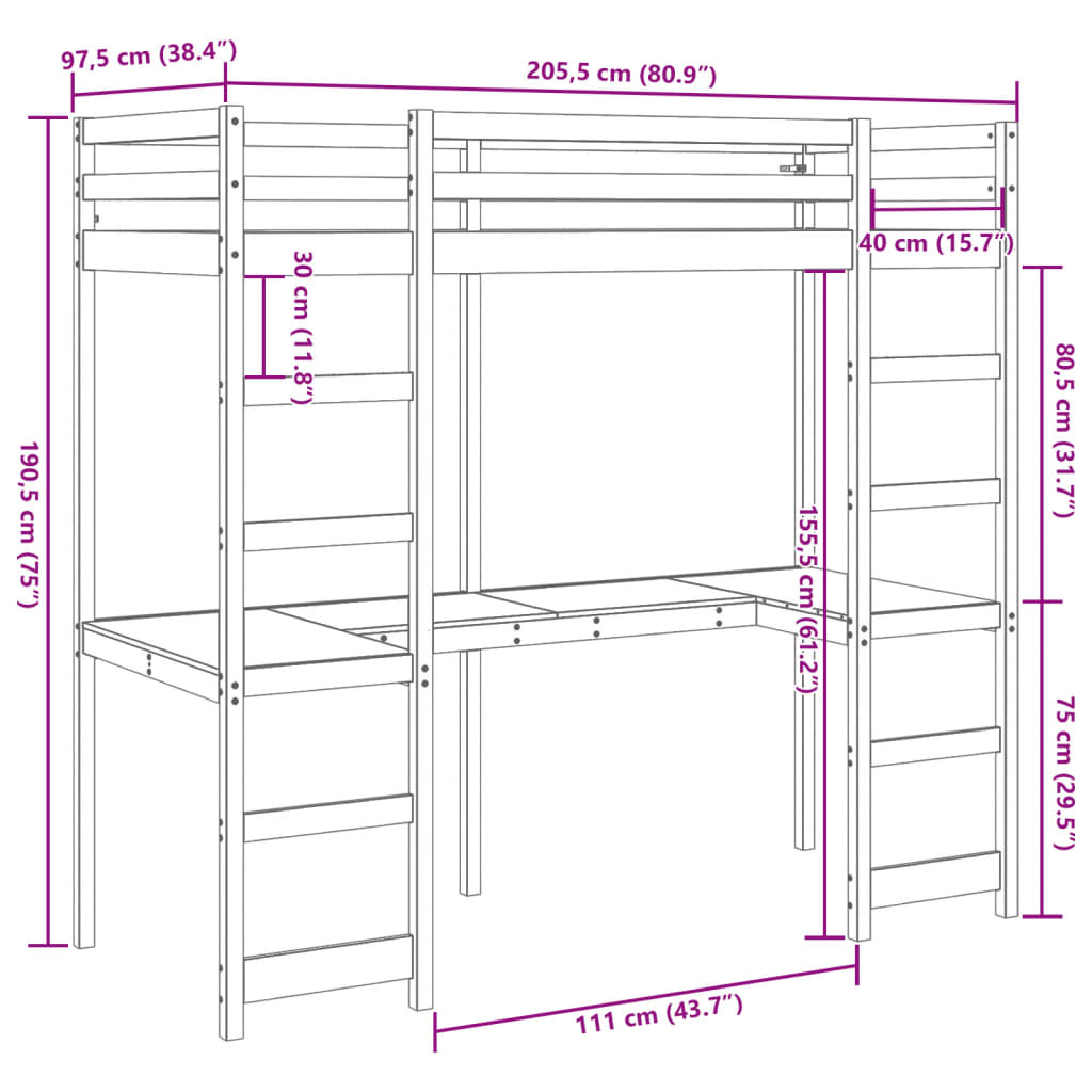 Cadre de lit superposé sans matelas 90x200 cm bois pin massif