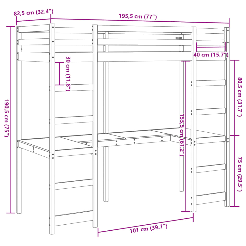 Etagenbettgestell ohne Matratze 75x190cm aus massivem Kiefernholz