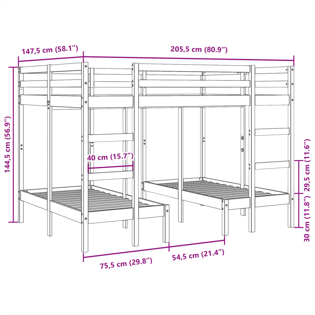 Lit superposé triple brun cire 140x200/70x140 cm pin massif