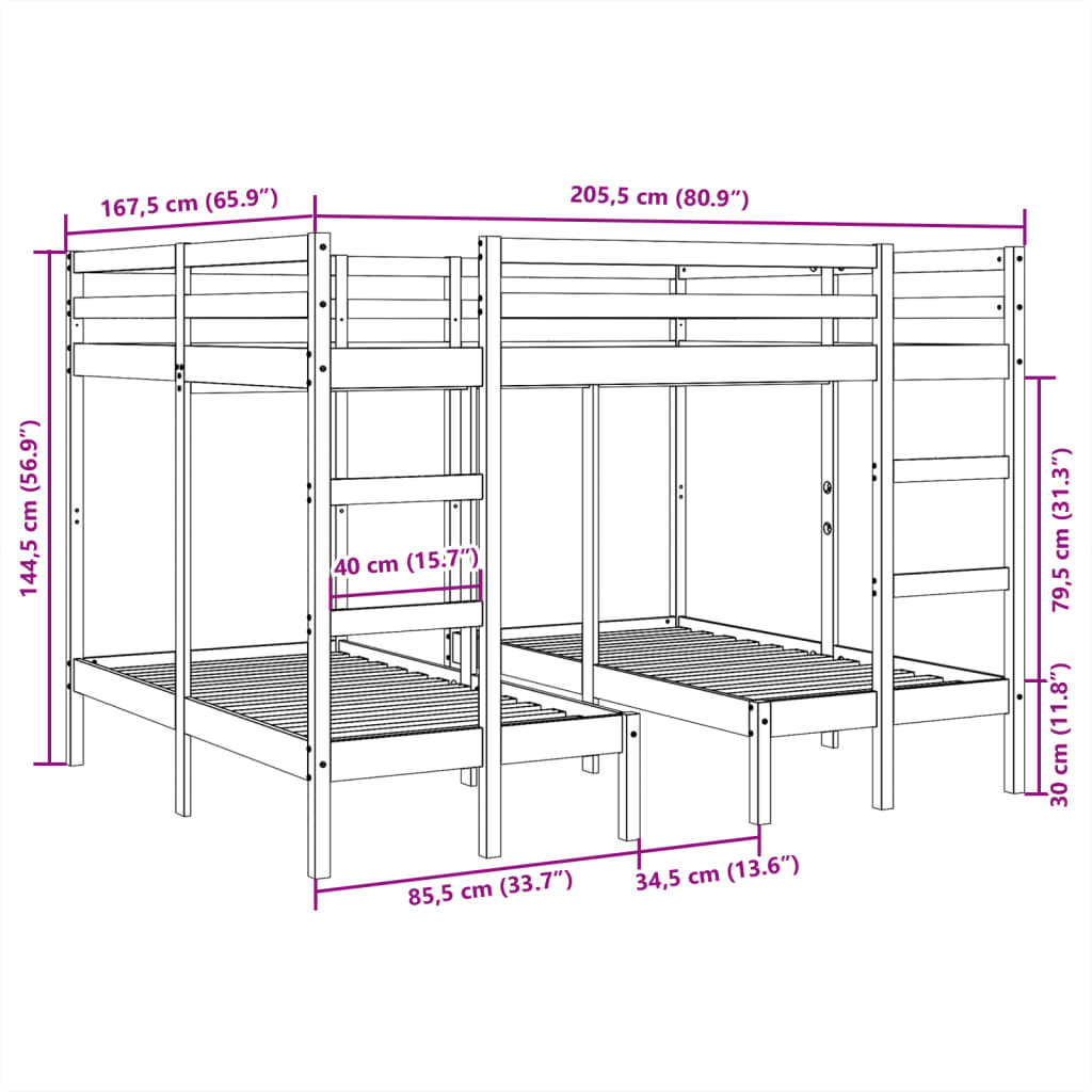 Lit superposé triple brun cire 160x200/80x160 cm pin massif