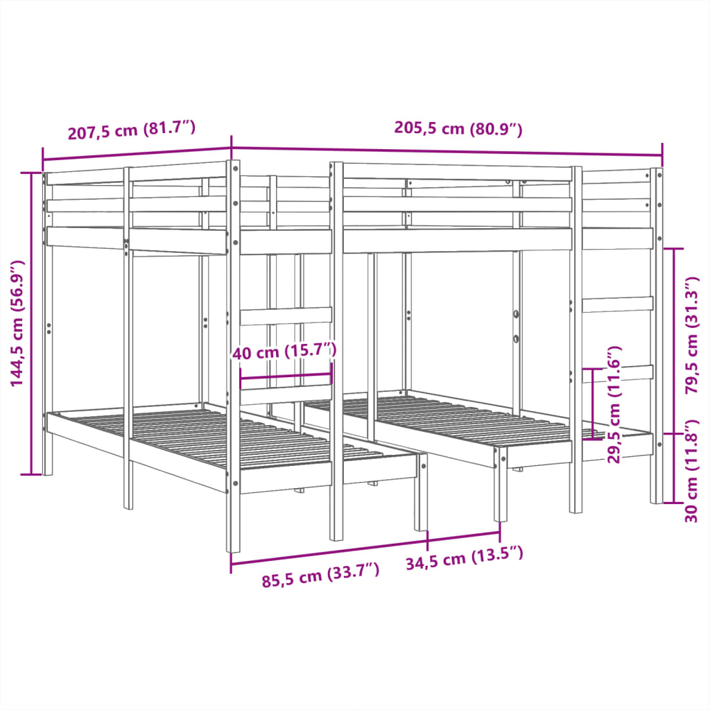 Lit superposé triple brun cire 200x200/80x200 cm pin massif