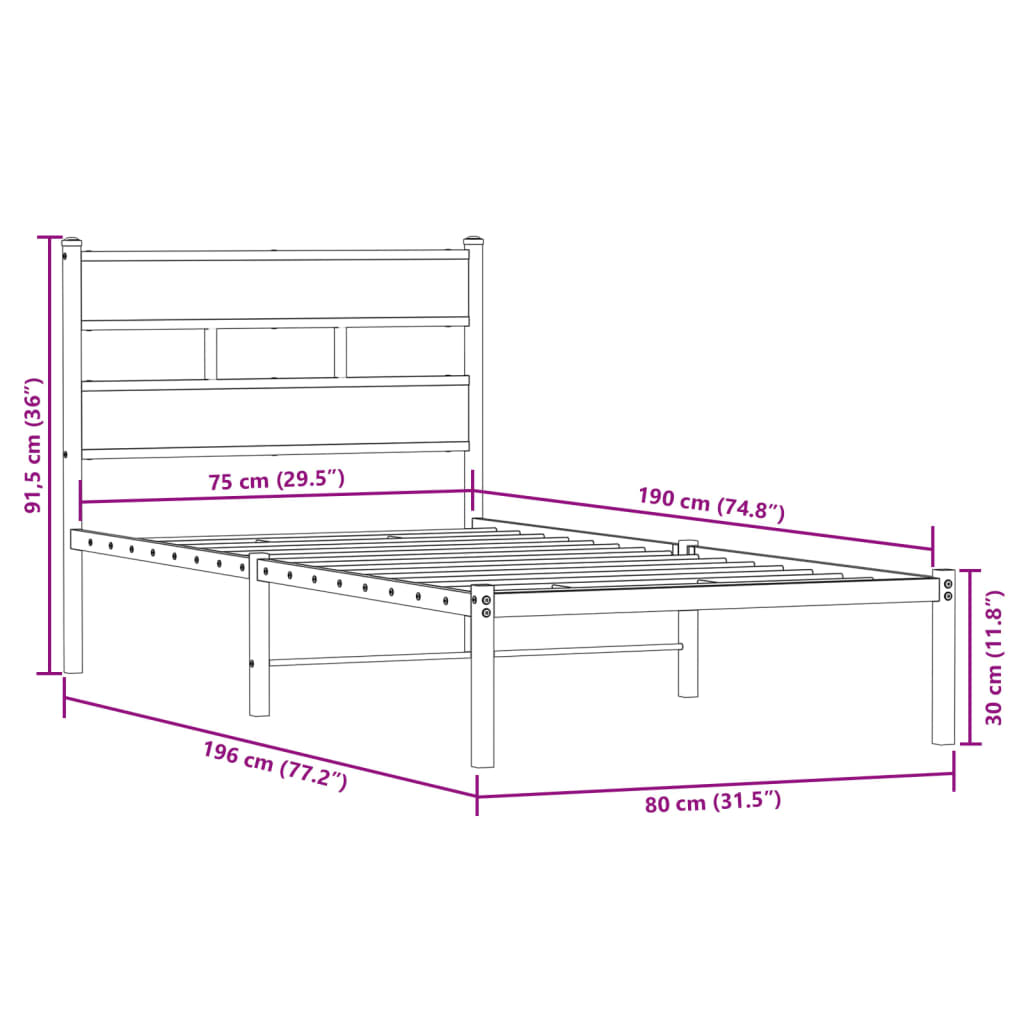 Cadre de lit en métal sans matelas chêne fumé 75x190 cm