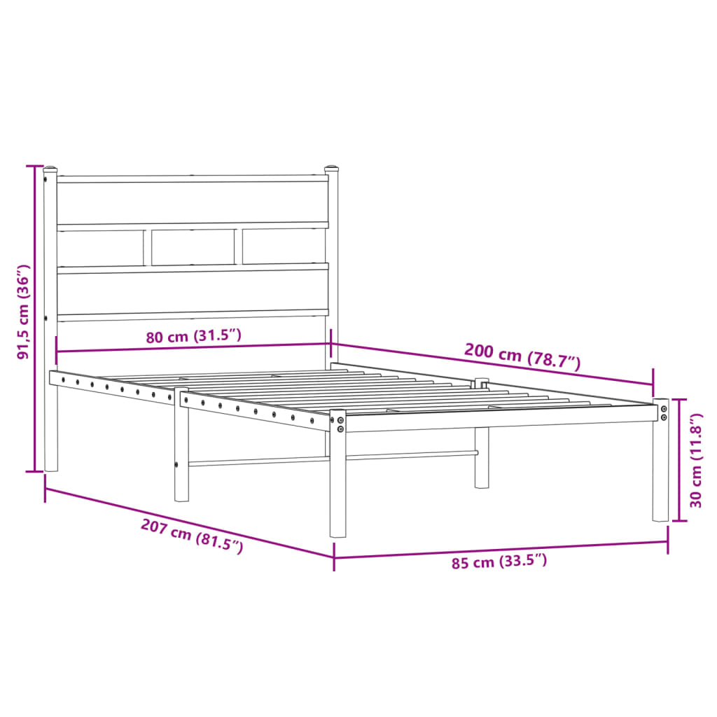 Cadre de lit en métal sans matelas chêne fumé 80x200 cm