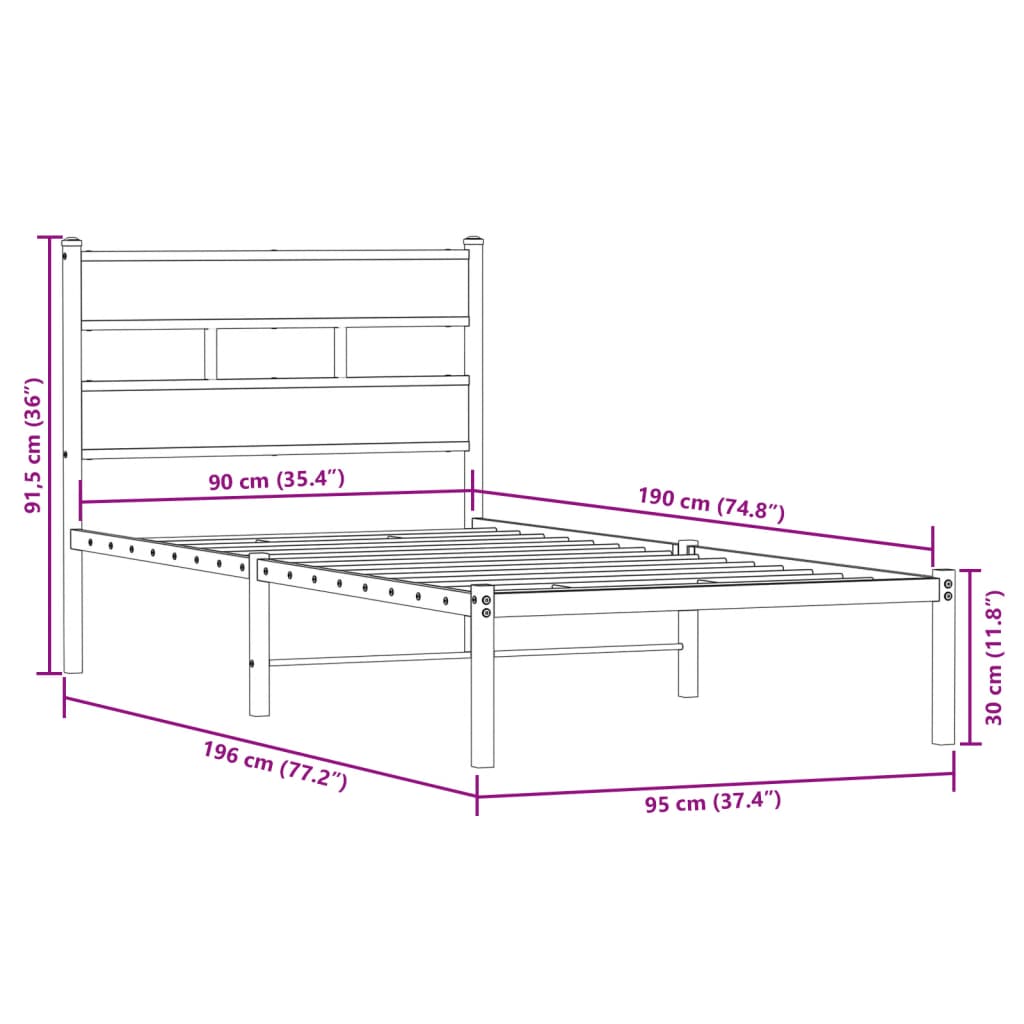 Cadre de lit en métal sans matelas chêne fumé 90x190 cm