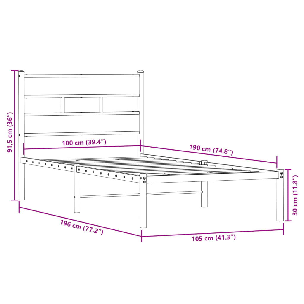 Cadre de lit en métal sans matelas chêne fumé 100x190 cm