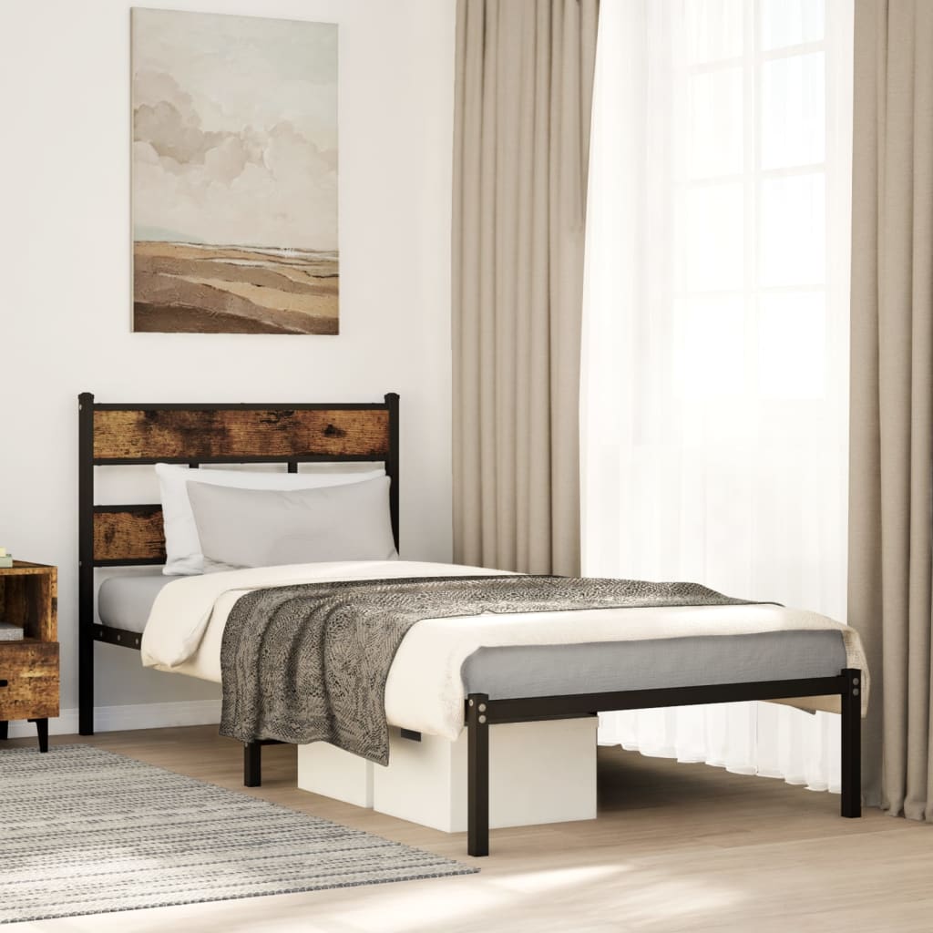 Cadre de lit en métal sans matelas chêne fumé 107x203 cm