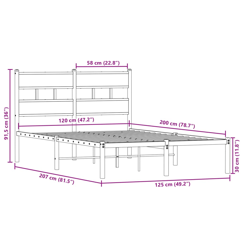 Cadre de lit en métal sans matelas chêne fumé 120x200 cm