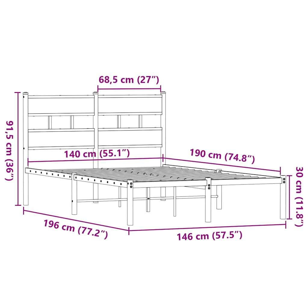 Cadre de lit en métal sans matelas chêne fumé 140x190 cm