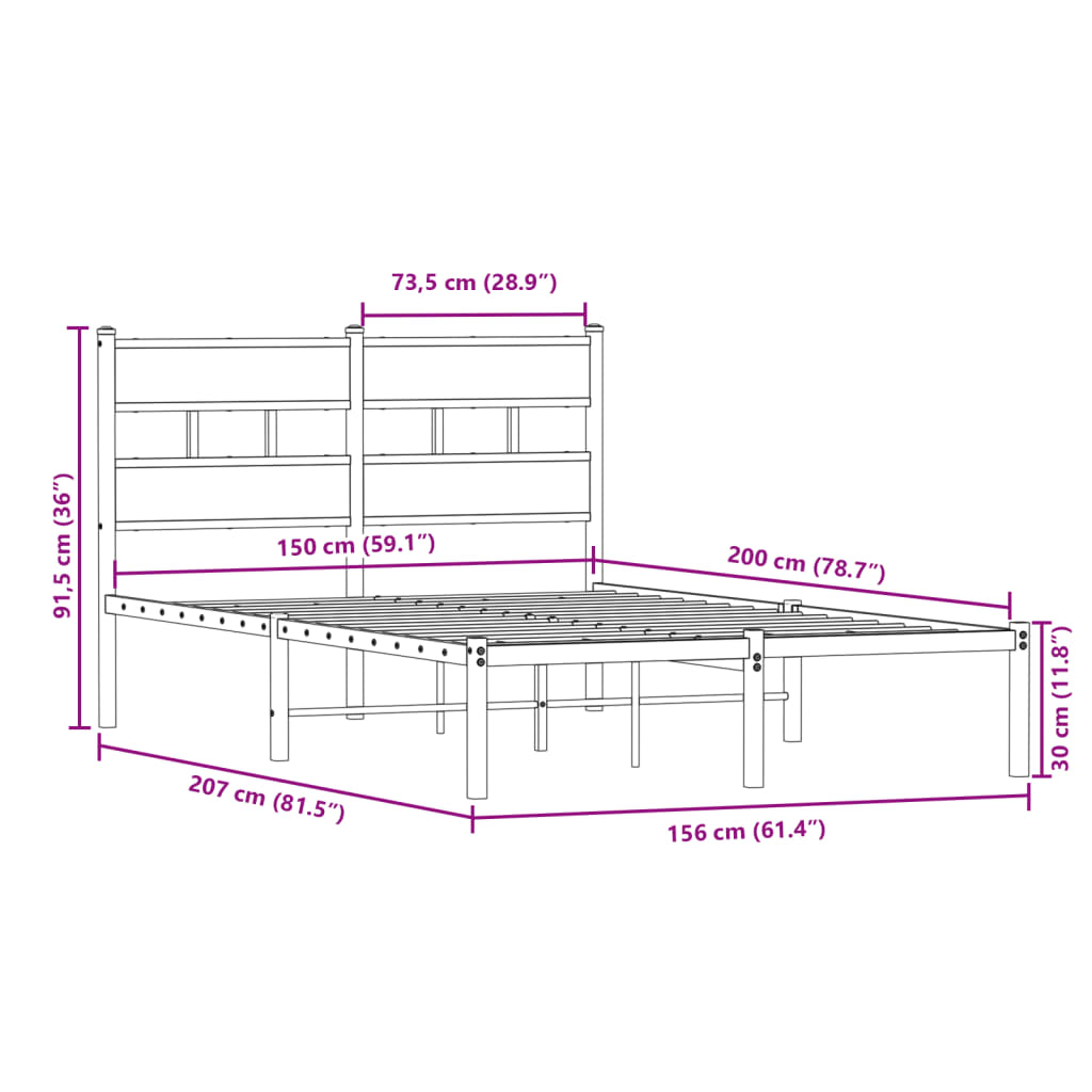 Cadre de lit en métal sans matelas chêne fumé 150x200 cm