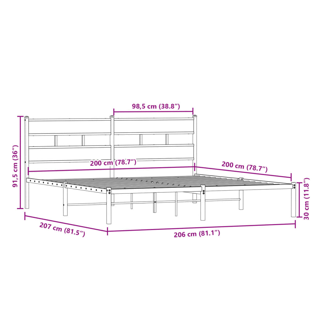 Cadre de lit en métal sans matelas chêne fumé 200x200 cm