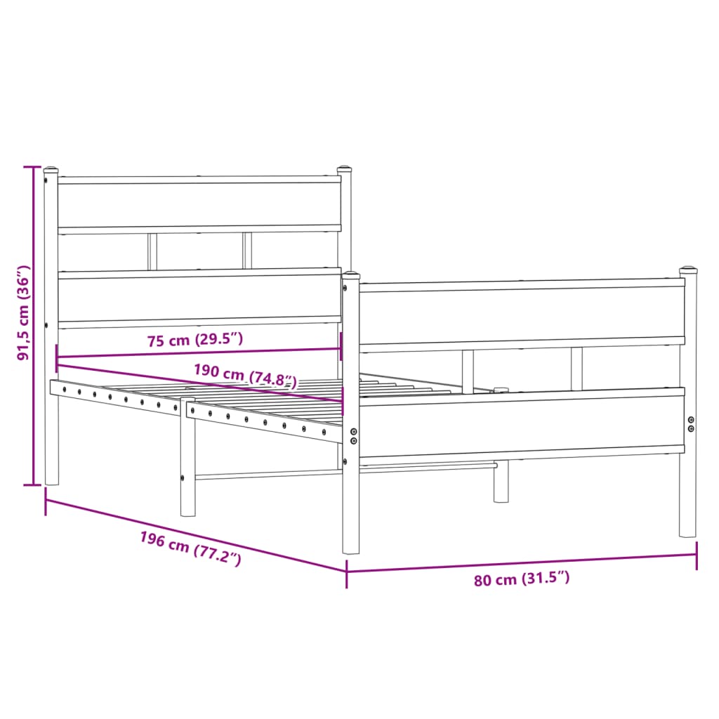 Cadre de lit en métal sans matelas chêne fumé 75x190 cm