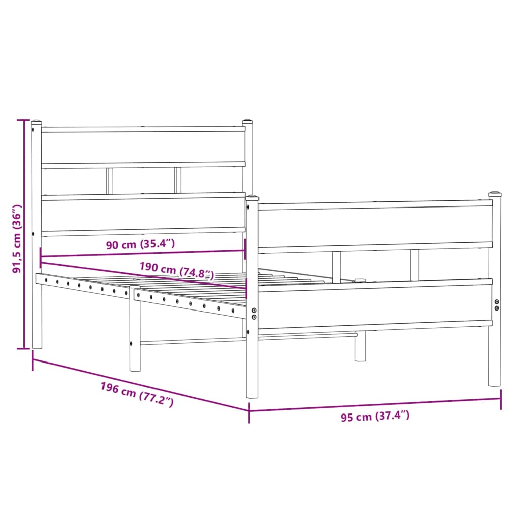 Cadre de lit en métal sans matelas chêne fumé 90x190 cm