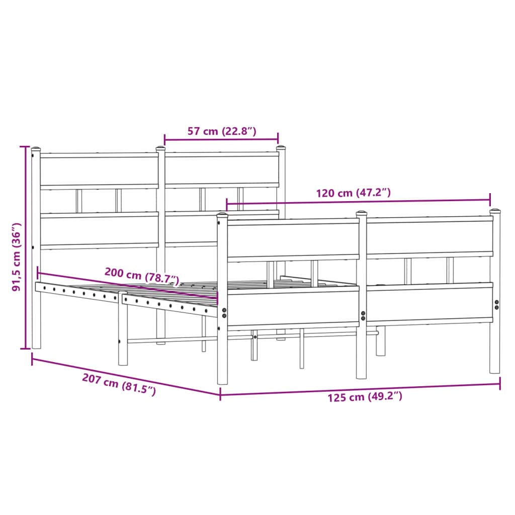 Cadre de lit en métal sans matelas chêne fumé 120x200 cm