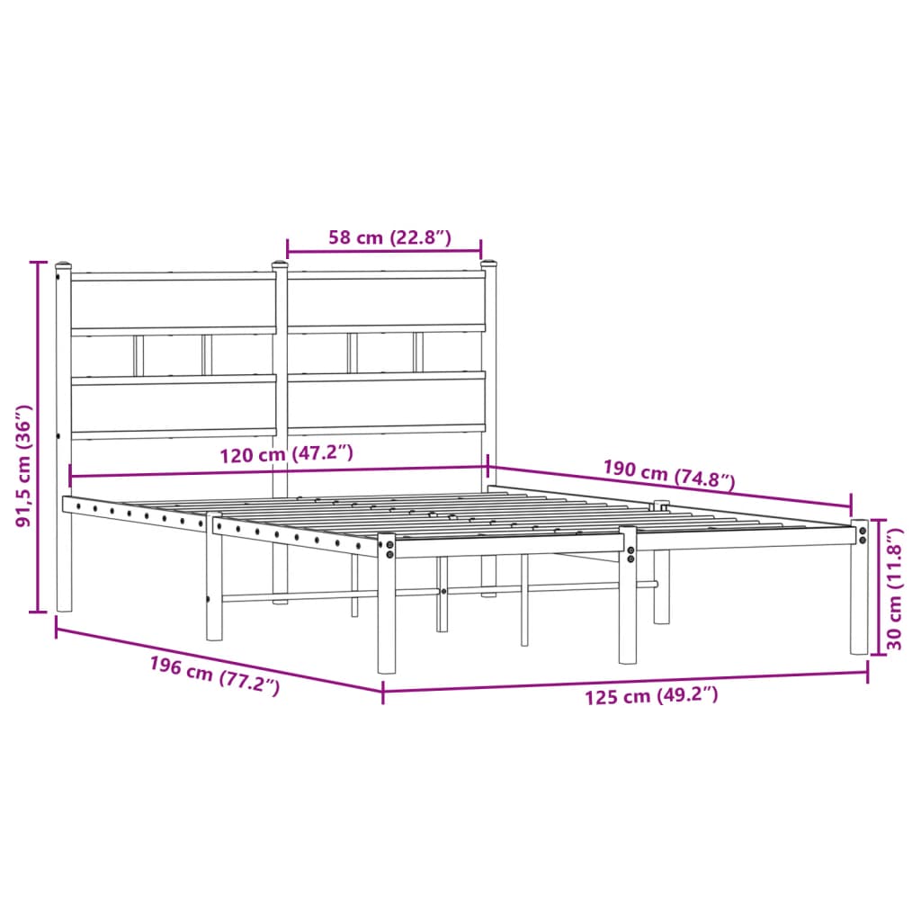 Metallbettgestell ohne Matratze Sonoma-Eiche 120x190 cm