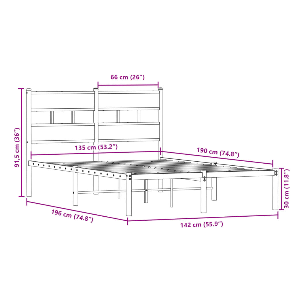 Cadre de lit en métal sans matelas chêne sonoma 135x190 cm