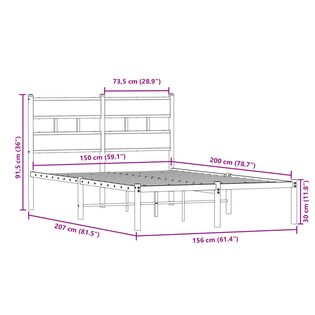 Cadre de lit en métal sans matelas chêne sonoma 150x200 cm