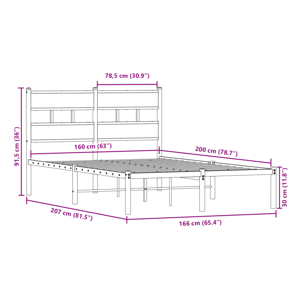 Metal bed frame without mattress sonoma oak 160x200 cm