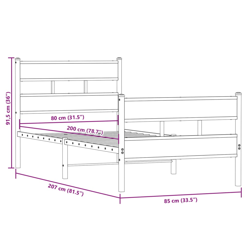 Cadre de lit en métal sans matelas chêne sonoma 80x200 cm