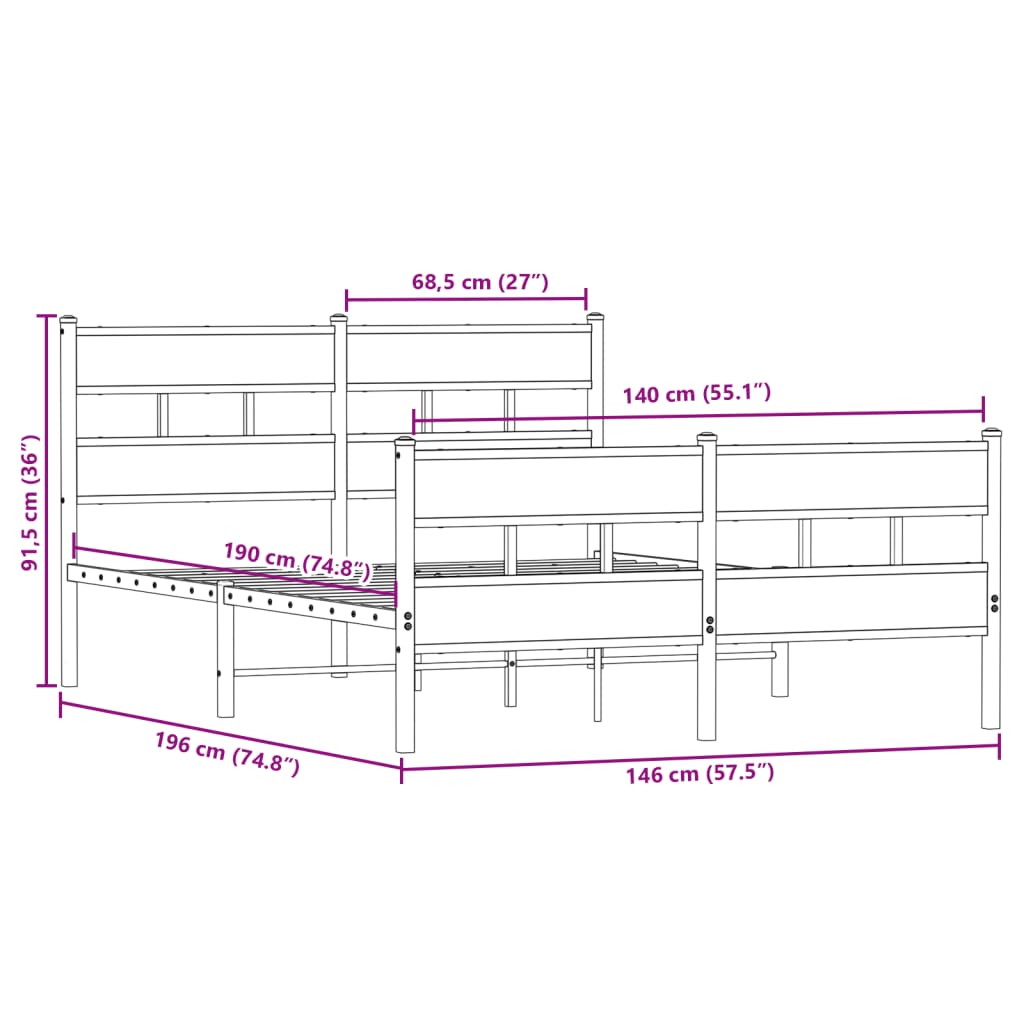 Cadre de lit en métal sans matelas chêne sonoma 140x190 cm