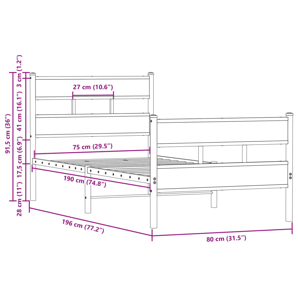 Cadre de lit sans matelas avec tête de lit pied de lit 75x190cm