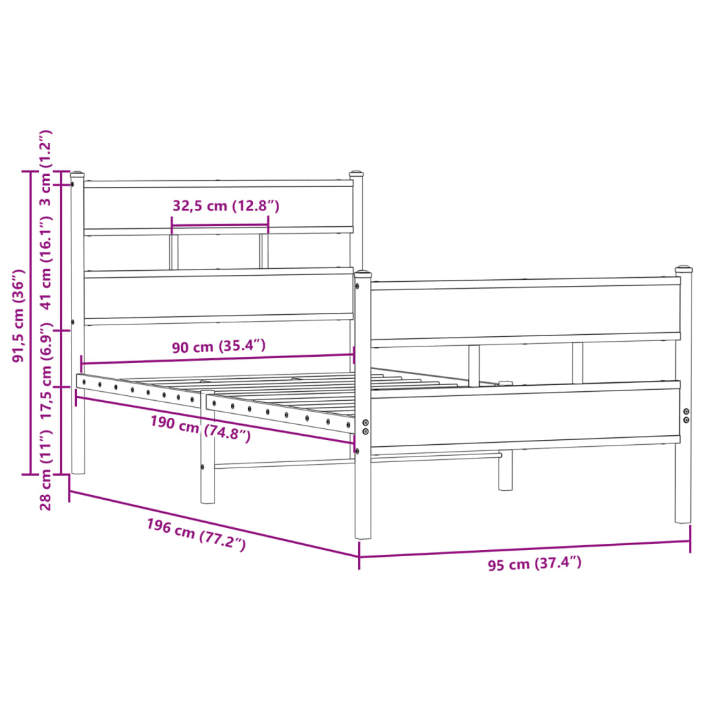 Cadre de lit sans matelas avec tête de lit pied de lit 90x190cm