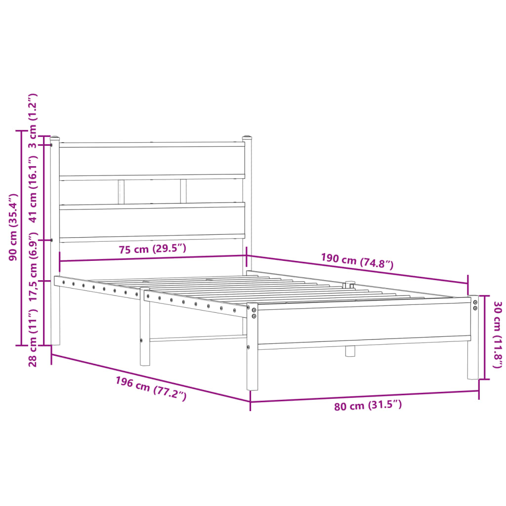 Cadre de lit sans matelas avec tête de lit chêne fumé 75x190 cm