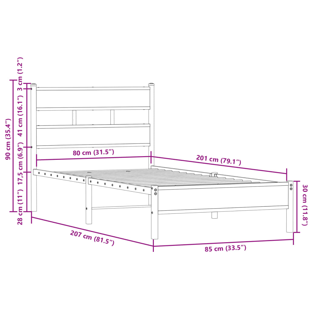 Bed frame without mattress with headboard 80x200 cm