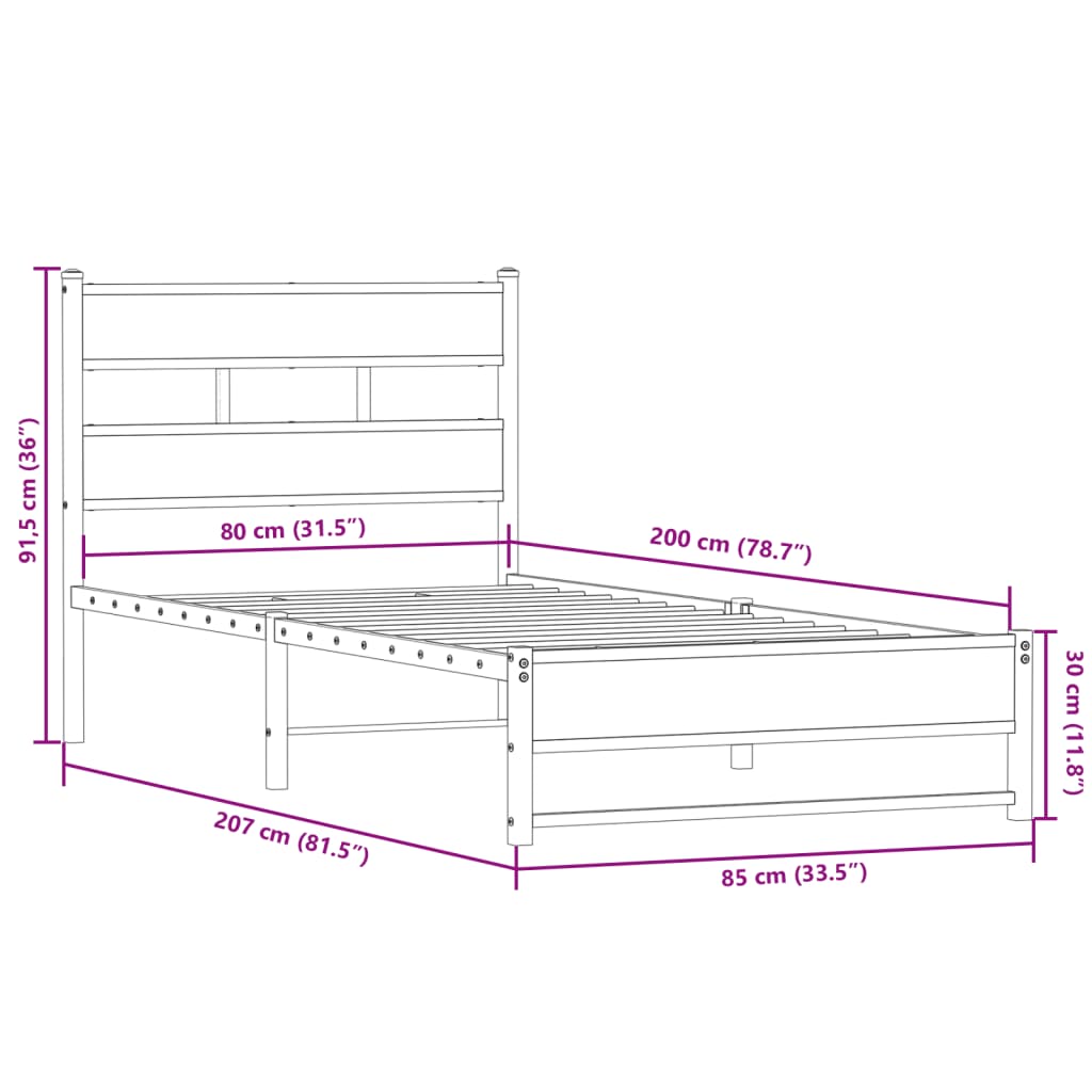 Cadre de lit en métal sans matelas chêne fumé 80x200 cm