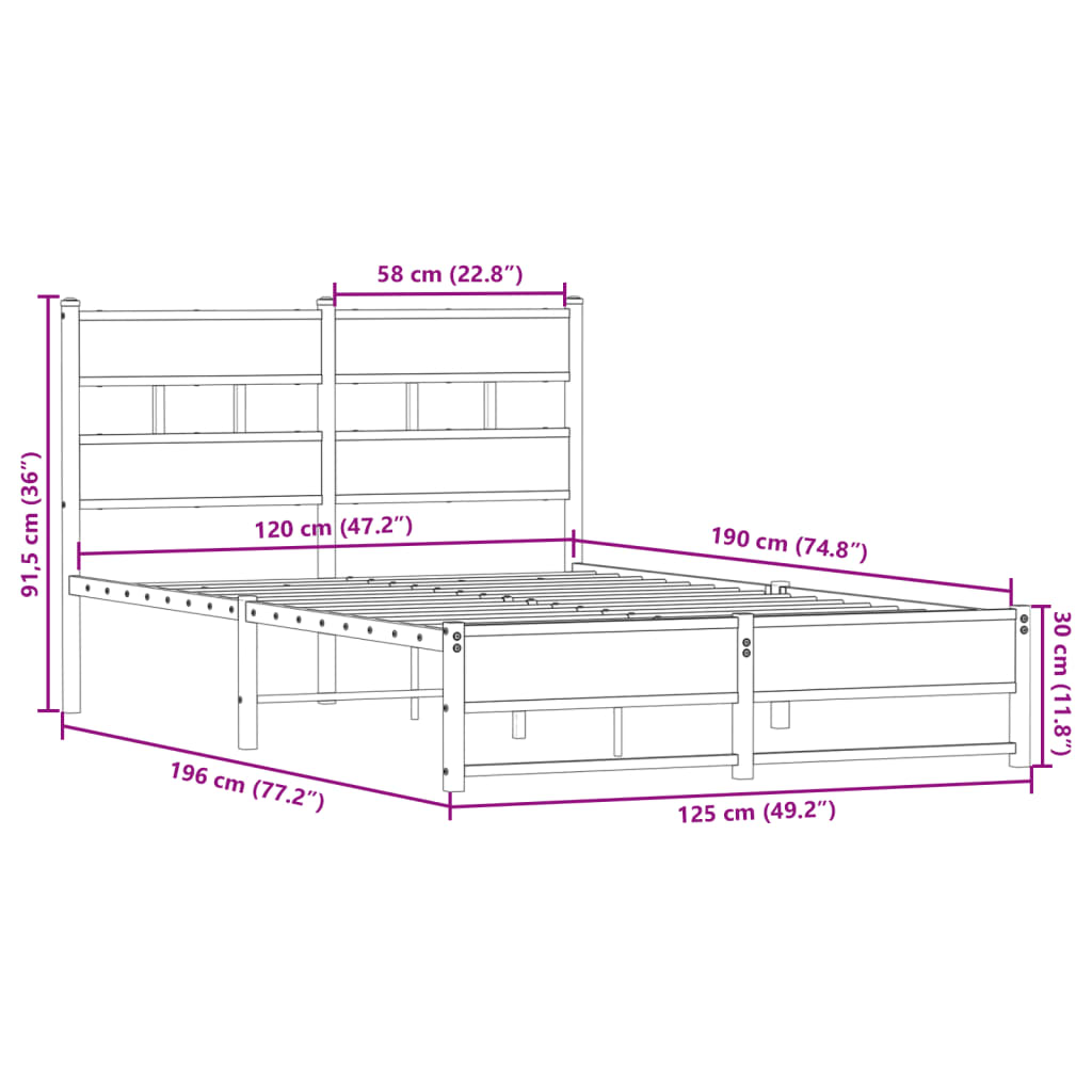 Cadre de lit en métal sans matelas chêne fumé 120x190 cm