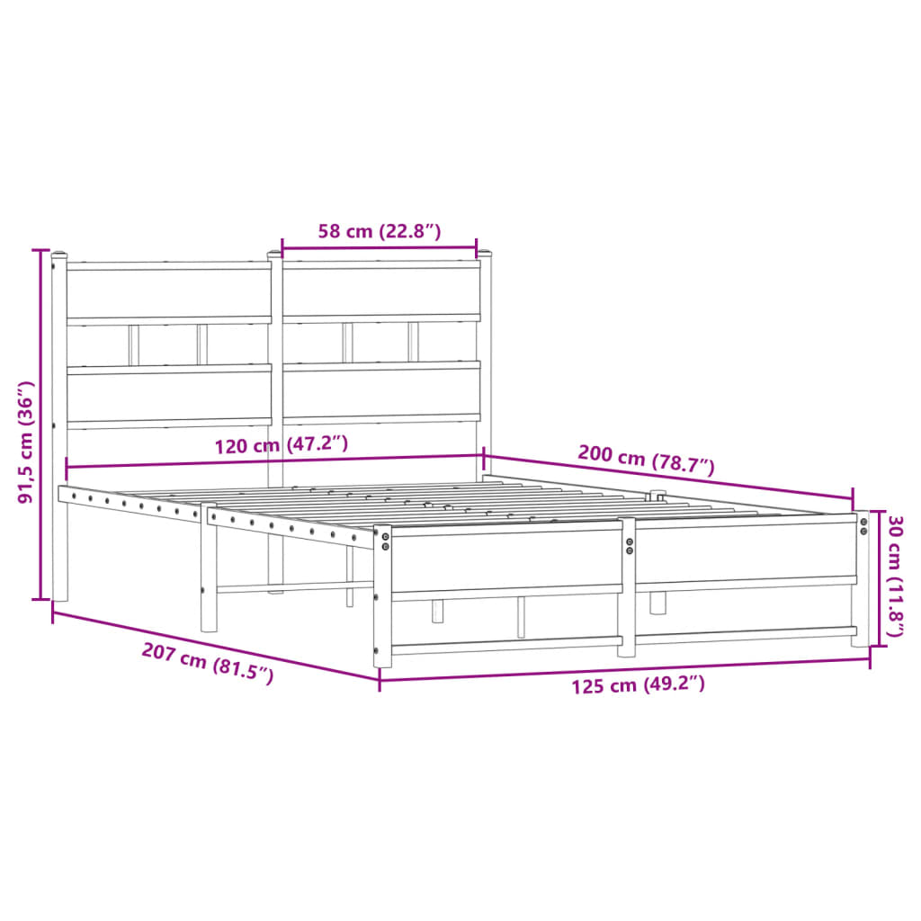 Cadre de lit en métal sans matelas chêne fumé 120x200 cm