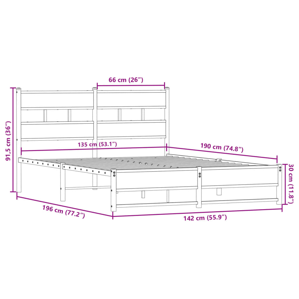 Cadre de lit en métal sans matelas chêne fumé 135x190 cm