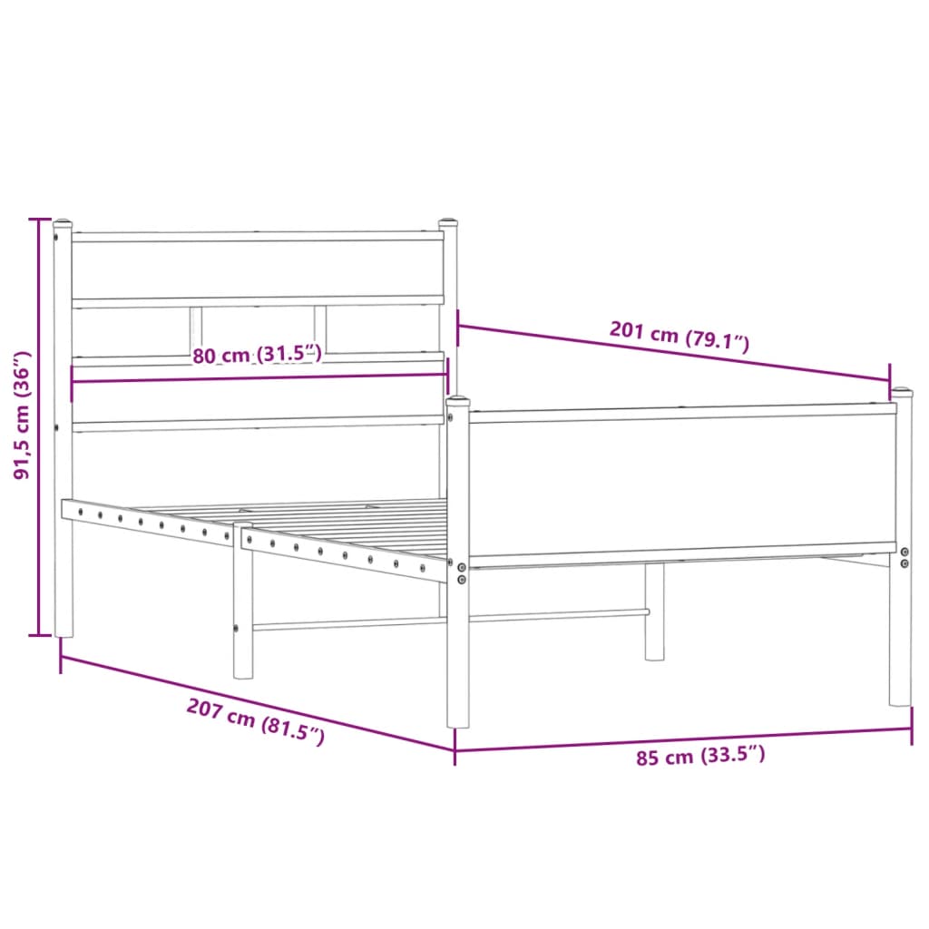 Bettgestell ohne Matratze, Räuchereiche 80x200cm, Holzwerkstoff