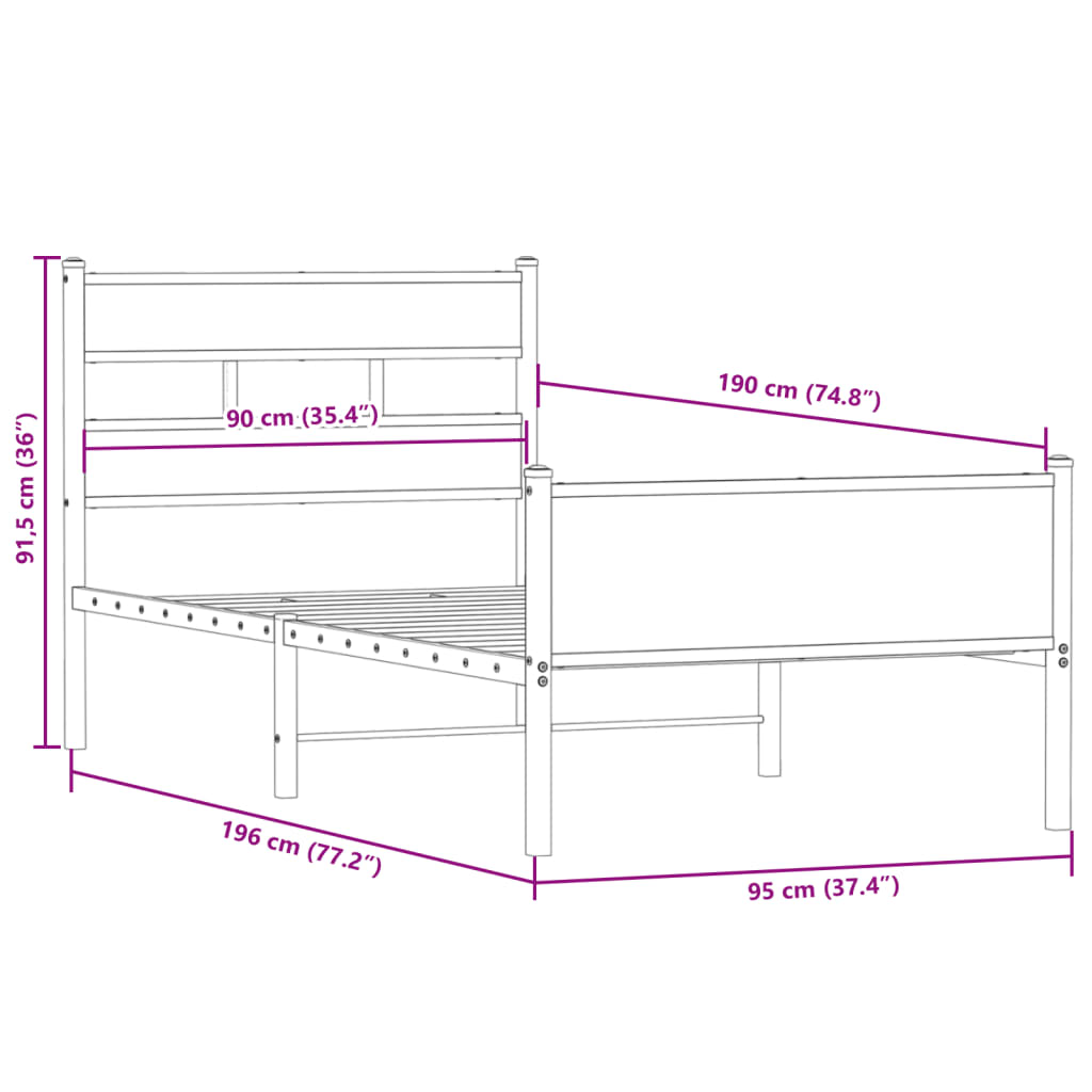 Bettgestell ohne Matratze, Räuchereiche 90x190cm, Holzwerkstoff