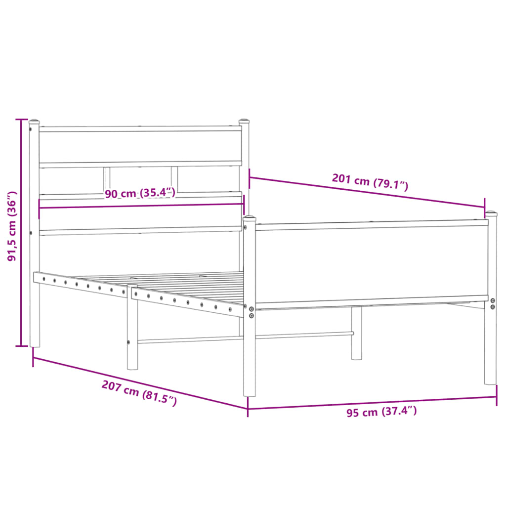 Cadre de lit sans matelas chêne fumé 90x200cm bois d'ingénierie