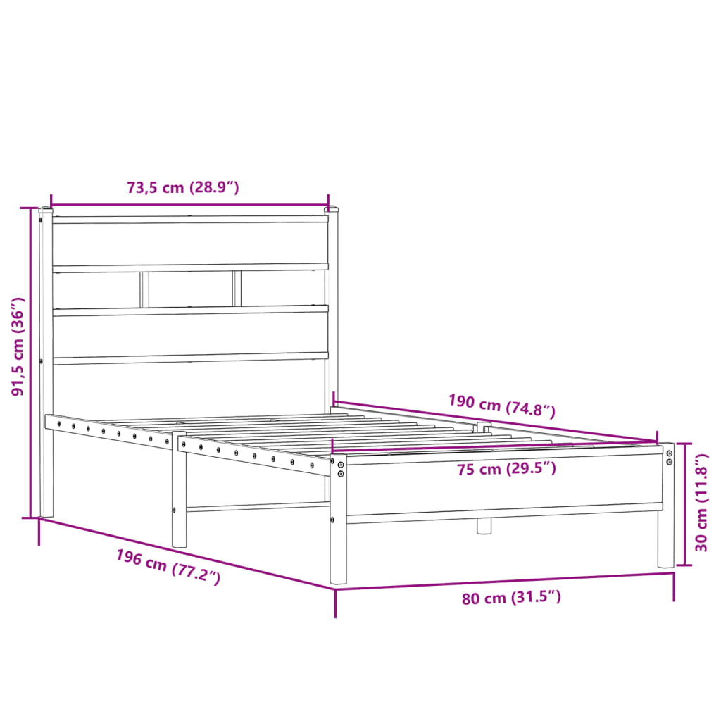 Bed frame without mattress sonoma oak 75x190 cm