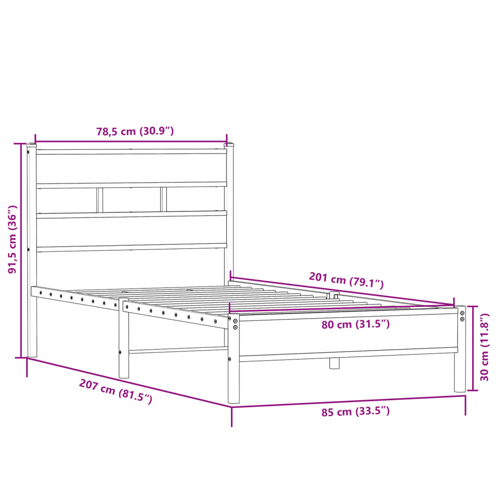 Bed frame without mattress sonoma oak 80x200 cm