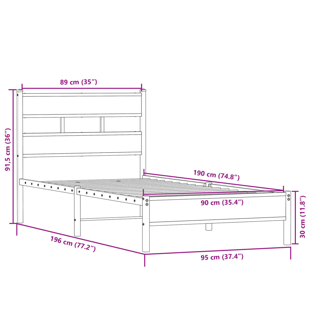 Cadre de lit sans matelas chêne sonoma 90x190 cm