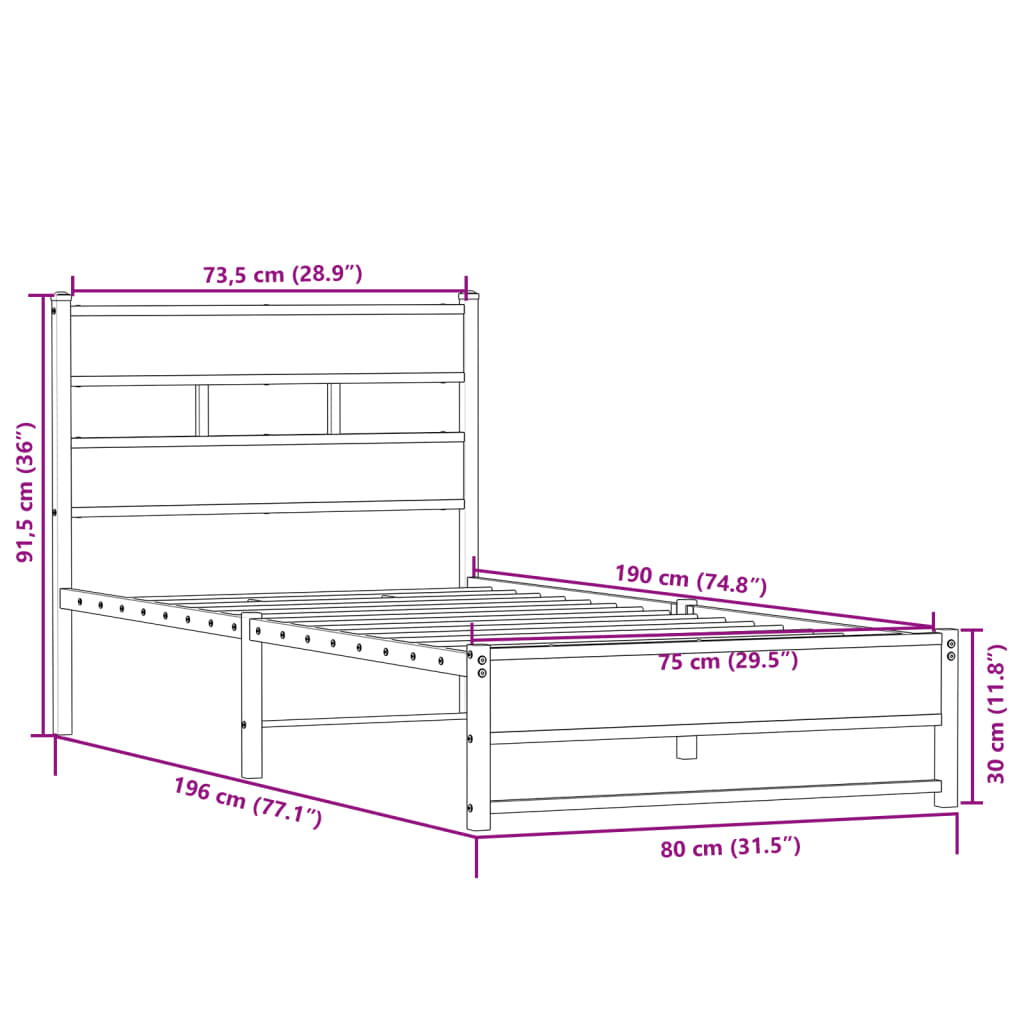 Metallbettgestell ohne Matratze Sonoma-Eiche 75x190 cm