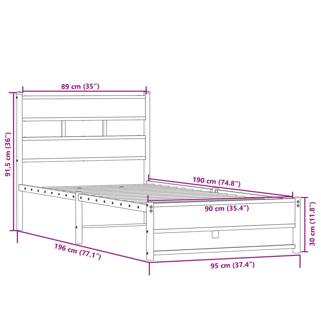 Cadre de lit en métal sans matelas chêne sonoma 90x190 cm