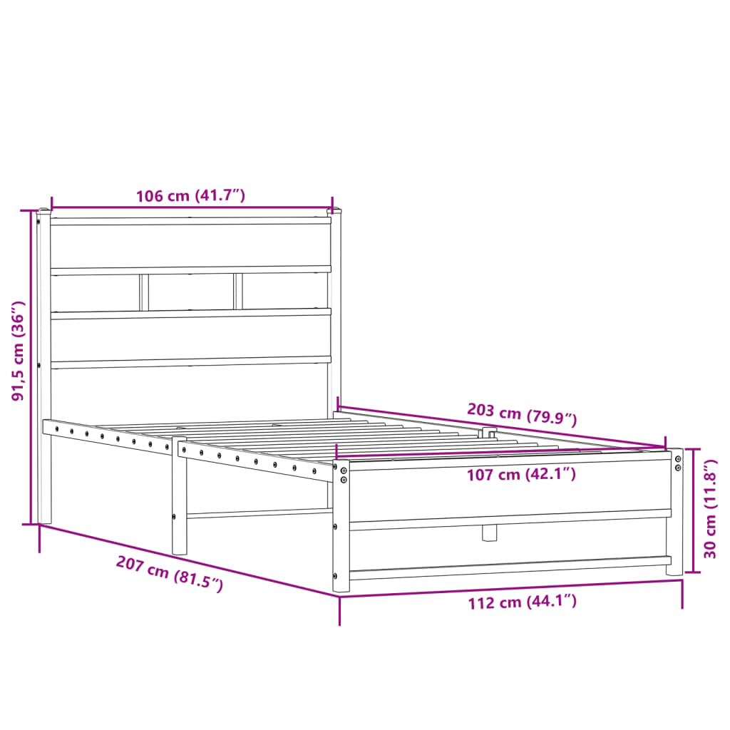 Metallbettgestell ohne Matratze Sonoma-Eiche 107x203 cm