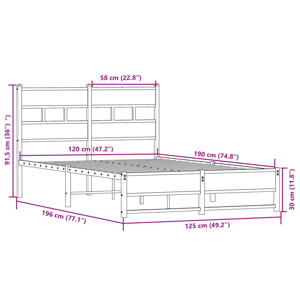 Cadre de lit en métal sans matelas chêne sonoma 120x190 cm