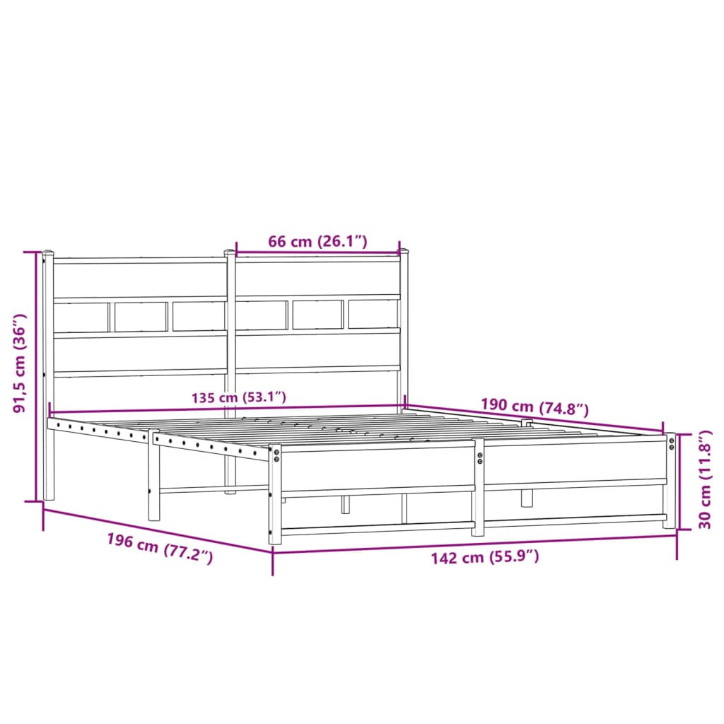 Cadre de lit en métal sans matelas chêne sonoma 135x190 cm