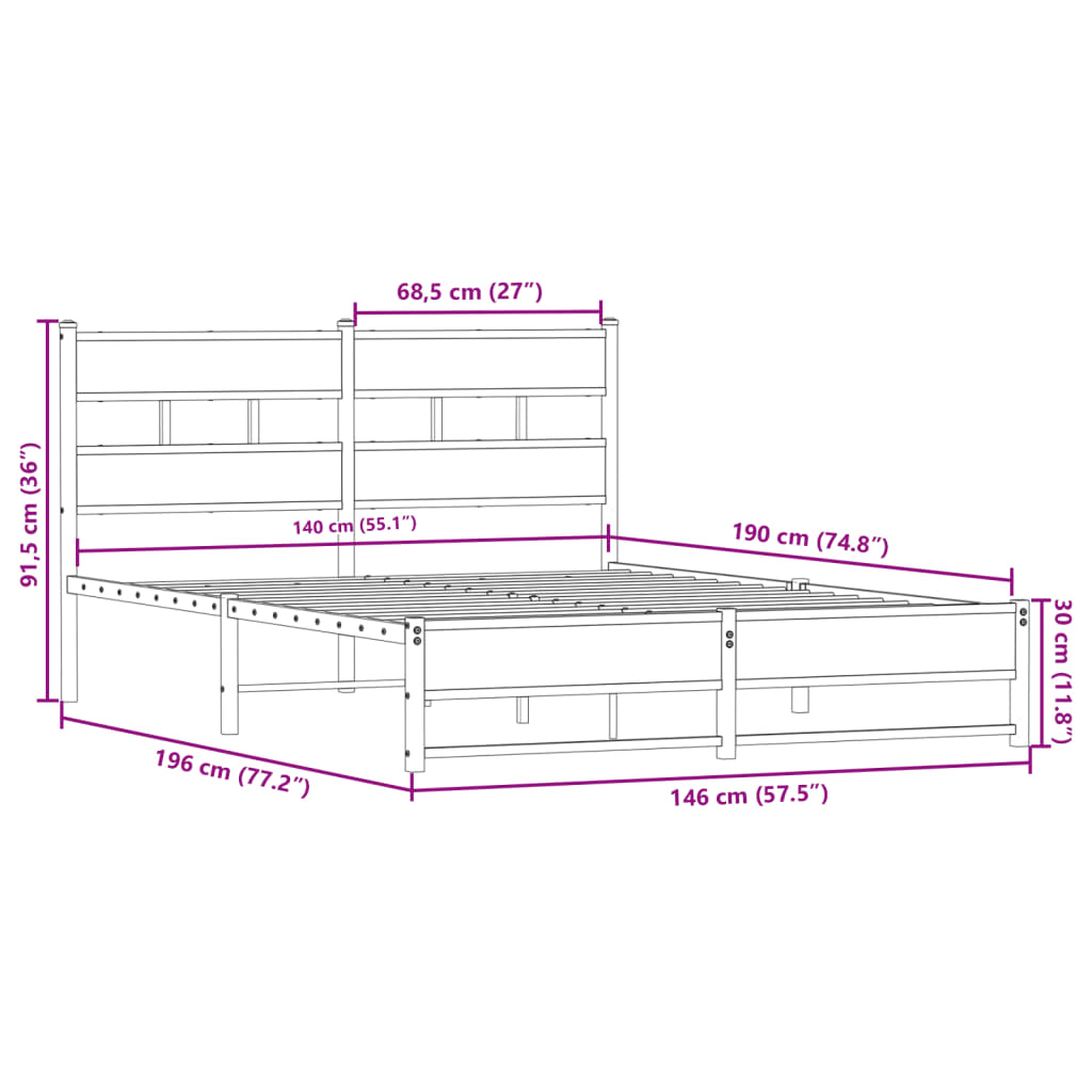 Metallbettgestell ohne Matratze Sonoma-Eiche 140x190 cm