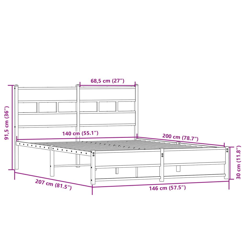 Cadre de lit en métal sans matelas chêne sonoma 140x200 cm