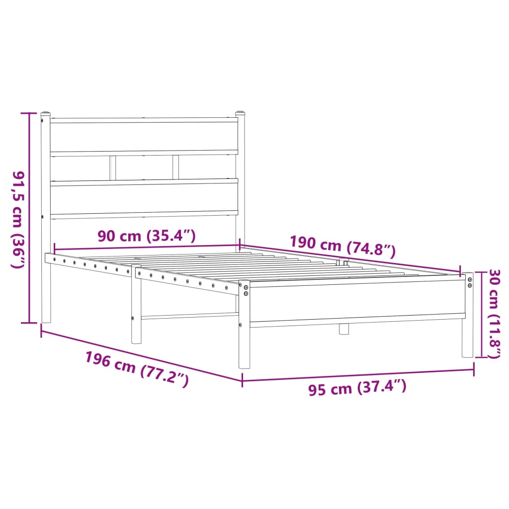 Bed frame without mattress brown oak 90x190cm engineered wood