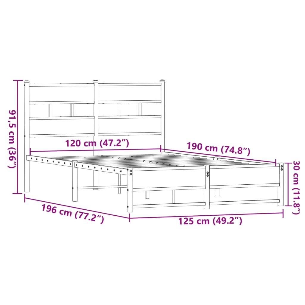 Cadre de lit en métal sans matelas chêne marron 120x190 cm