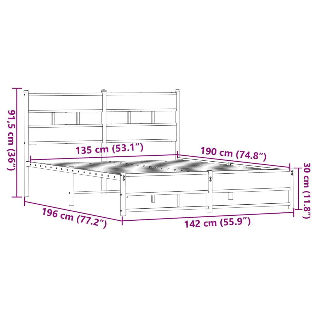 Cadre de lit en métal sans matelas chêne marron 135x190 cm