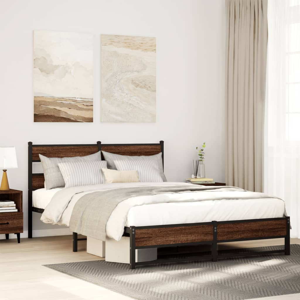 Cadre de lit en métal sans matelas chêne marron 135x190 cm