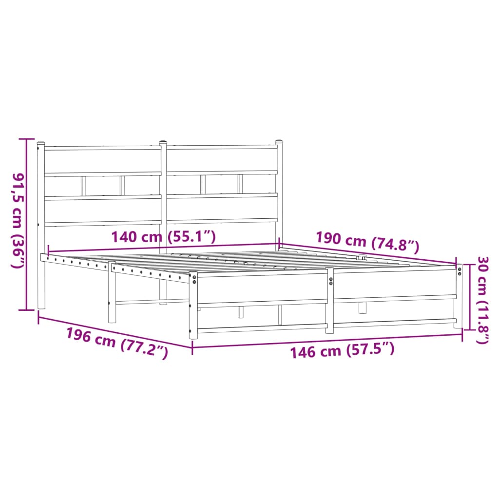 Cadre de lit en métal sans matelas chêne marron 140x190 cm