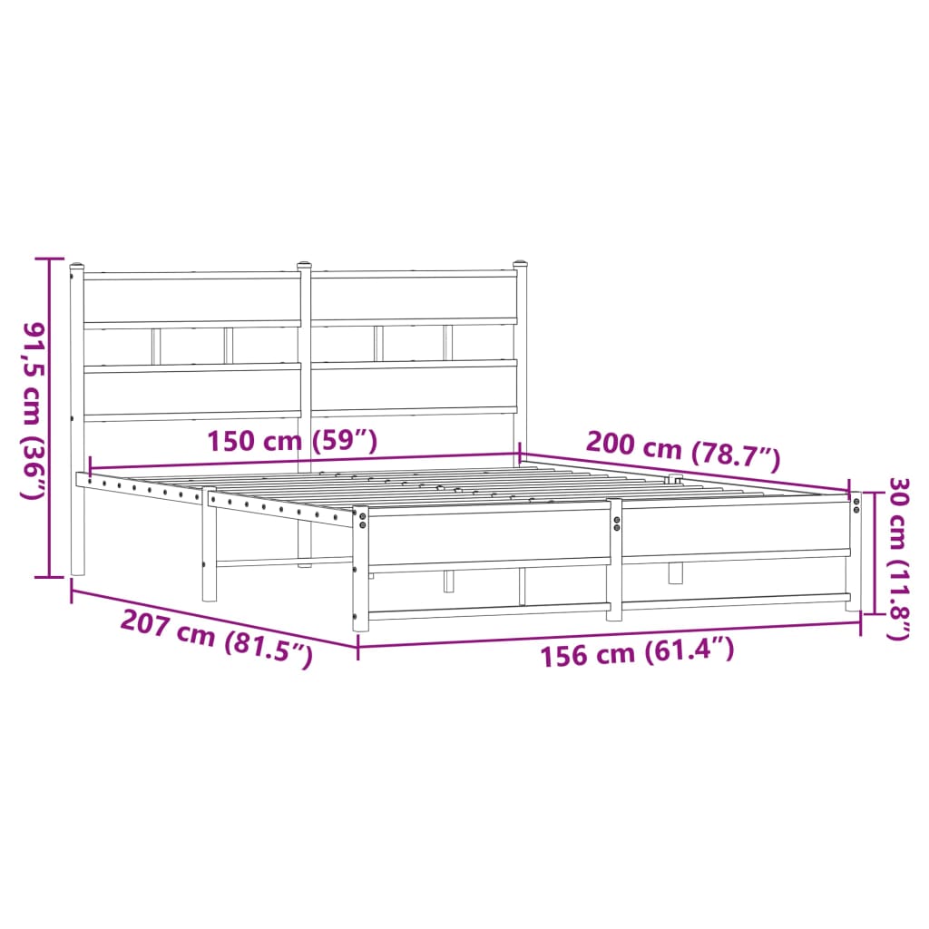 Cadre de lit en métal sans matelas chêne marron 150x200 cm